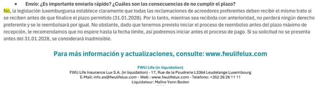 Carta del liquidador de FWU Life