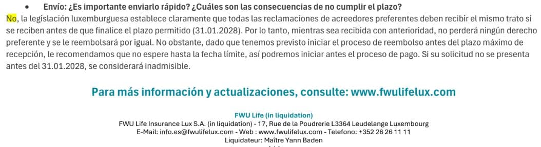 Carta del liquidador de FWU Life