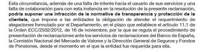 Posible infracción de la normativa de transparencia y protección de la clientela